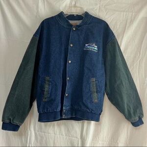 Vintage 90s Denim Varsity Jacket with Green Sleeves